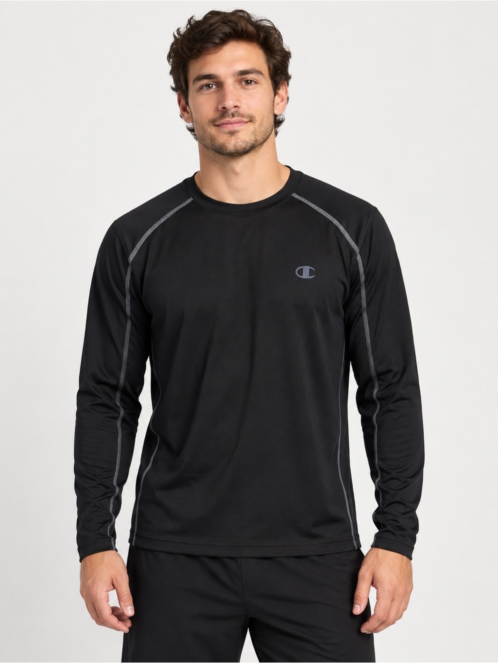 Champion Black Long-Sleeve Performance Tee with Gray Stitching